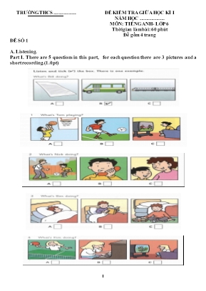 Đề kiểm tra giữa học kì I môn Tiếng Anh Lớp 6 (Có đáp án)